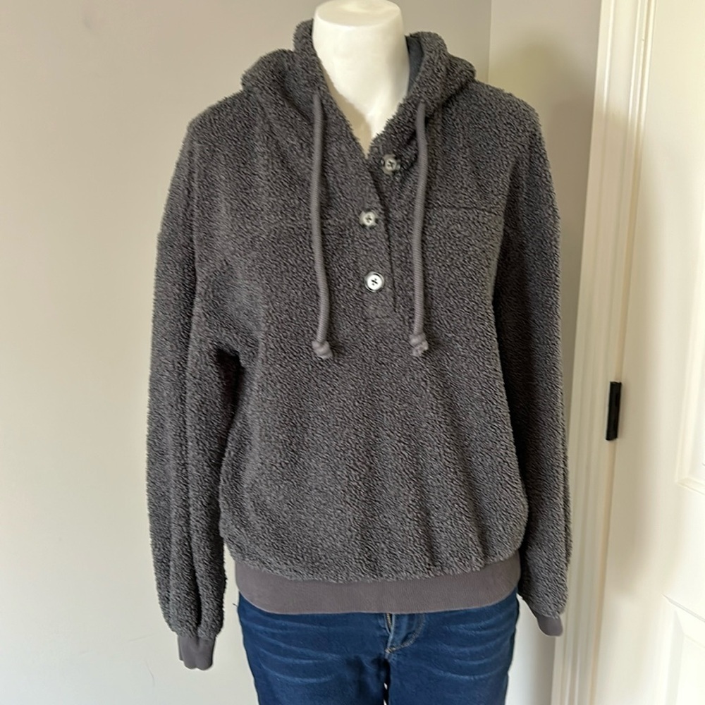 Anthropologie Current Air Sherpa Hoodie Gray Faux Shearling Sweater Size S - Picture 5 of 13